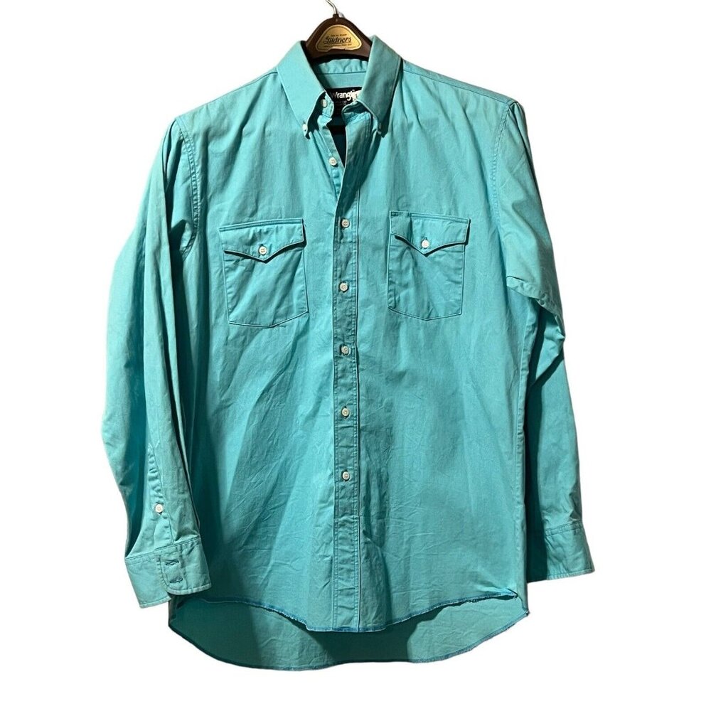 Mens 16 34 Wrangler Cowboy Cut X-Long Tails Vibrant Blue shirt VTG USA Western